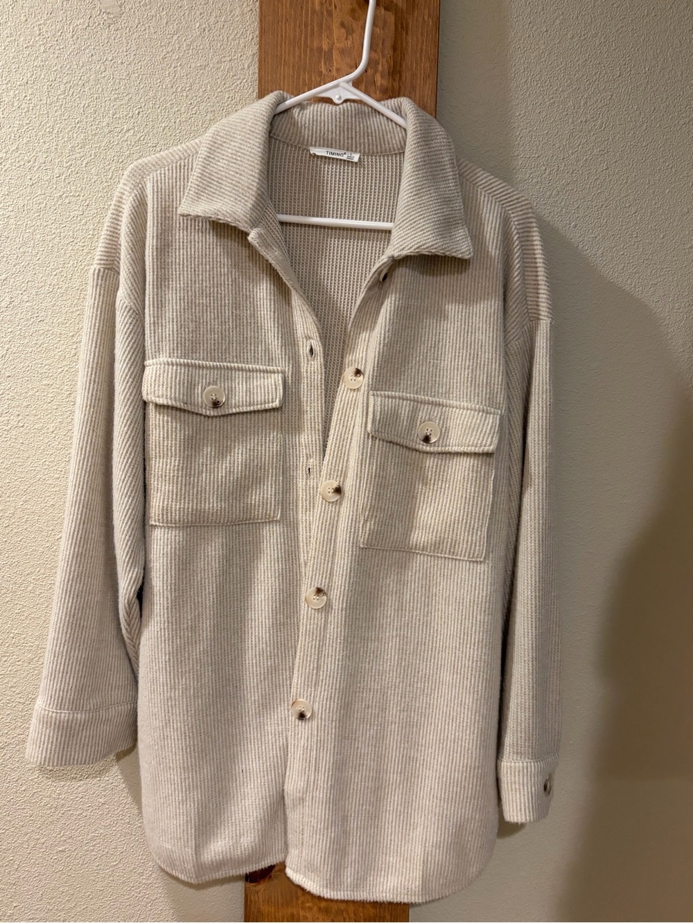 Timing Cream Ribbed Button-Up Overshirt